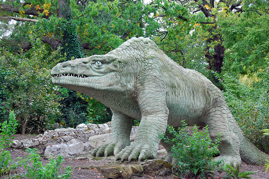 Megalosaurus 2008 Crystal Palace Dinosaur statues by Benjamin Waterhouse Hawkins in 1850s located in Crystal Palace, a suburb of London, UK.