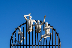 Flight of the Langoustine, by Pierre Diamantopoulo MRSS. It is made of four life-size bronze figures flying through a steel grid. It was inspired by a discarded and mangled lobster pot that the artist had found on Brighton beach. In his imagination, the washed-up object that had seemingly helped the lobsters escape, translated itself into a wider story of human exodus and release – a dash for freedom. Diamantopoulo describes the figures as “at once profound, frivolous and boisterous, occupying the air like a flock of birds and inspired by modern dance choreography”. Bronze casting at Milwyn Foundry and fabrication of the steel grid and assembly by Art Fabrications. The sculpture weighs 2.2 tonnes and measures approximately 3.5 metres high and 3 meters wide. Flight of the Langoustine was inaugurated on the Hove Plinth on 17 September 2023. Flight of the Langoustine, by Pierre Diamantopoulo MRSS. It is made of four life-size bronze figures flying through a steel grid. It was inspired by a discarded and mangled lobster pot that the artist had found on Brighton beach. In his imagination, the washed-up object that had seemingly helped the lobsters escape, translated itself into a wider story of human exodus and release – a dash for freedom. Diamantopoulo describes the figures as “at once profound, frivolous and boisterous, occupying the air like a flock of birds and inspired by modern dance choreography”. Bronze casting at Milwyn Foundry and fabrication of the steel grid and assembly by Art Fabrications. The sculpture weighs 2.2 tonnes and measures approximately 3.5 metres high and 3 meters wide. Flight of the Langoustine was inaugurated on the Hove Plinth on 17 September 2023.