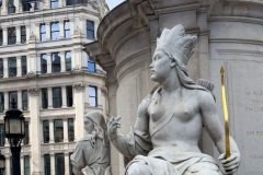 St Pauls Cathedral, London, UK, and close-up of America figure at base of Queen Anne statue