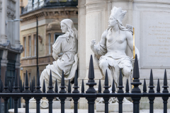 St Pauls Cathedral, London, UK, and close-up of America figure at base of Queen Anne statue