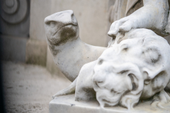 St Pauls Cathedral, London, UK, and close-up below foot of America figure at base of Queen Anne statue