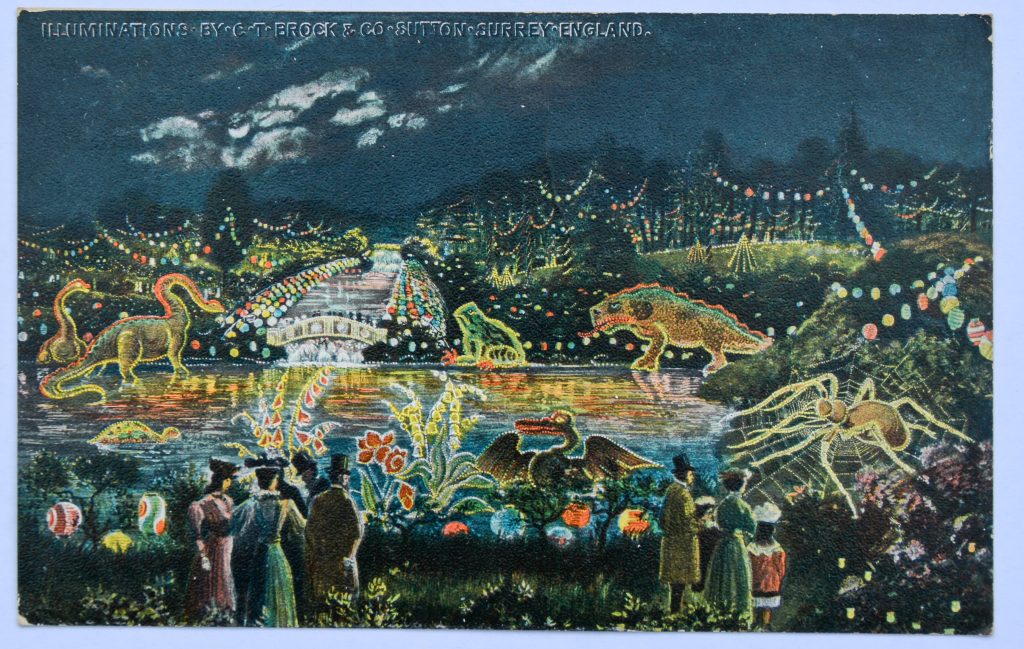 Full size. Illuminations by C. T. Brock and Co, Sutton, Surrey, England. Advertising postcard for Brock’s Crystal Palace Fireworks and Illuminations, postmarked 1906.