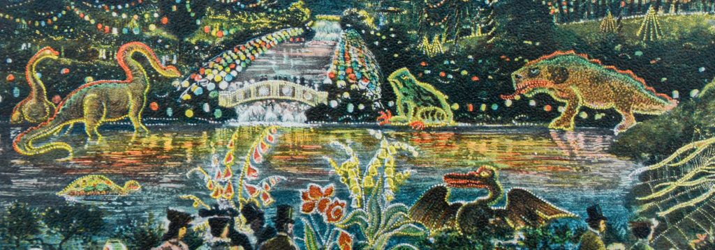 Close-up. Illuminations by C. T. Brock and Co, Sutton, Surrey, England. Advertising postcard for Brock’s Crystal Palace Fireworks and Illuminations, postmarked 1906. Advertising Fireworks for Fifth of November.