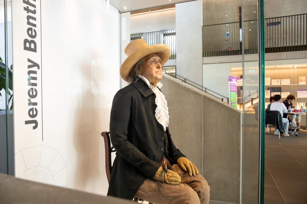 Jeremy Bentham "Auto-icon" in UCL Student Centre. Photographer Mary Hinkley. Copyright © UCL Educational Media, Mary Hinkley