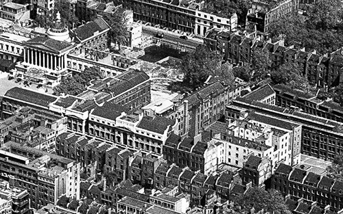 view of location for number 110 Gower Street in relation to University College quad, 1946 aerial photograph courtesy Historic England. Image EAW000537