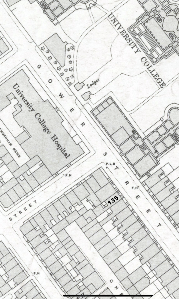 1895 Ordinance Survey map London VII.42 for intersection of Gower Street and University Street. 135 is the first site for Galton's eugenics project. This building was demolished for the 1907 Waterhouse-designed Building for University College Hospital and Medical School, now UCL Rockefeller Building.