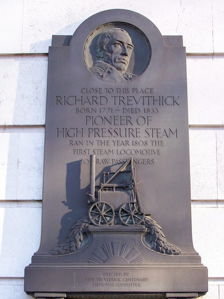 Commemoration for Richard Trevithick as pioneer of high pressure steam, near site of "Catch Me Who Can" entertainment.