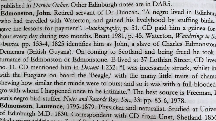 Reference to John Edmonstone in Charles Darwin's Descent fo Man 1871