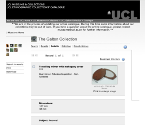 Figure 3. Data returned from searching for “Travelling mirror with mahogany cover” in the Galton Collection’s database as viewed 9 July 2021.