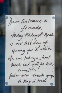 Closed sign during Covid Lockdown, from "When the Roof Blew Off," in Lockdown Cultures - Photo Essay - ProfJoeCain - two