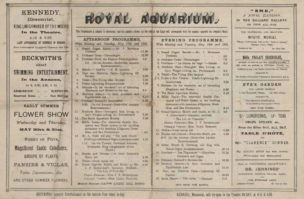 Royal Aquarium programme of events for 18-19 May 1891, courtesy University of Sheffield, National Fairground Archive