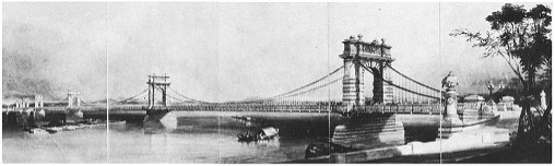 John Cooke Bourne Sketch of the Proposed Suspension Bridge (K. H. Vignoles Charles Blacker Vignoles: Romantic Engineer. (1982) p. 121.