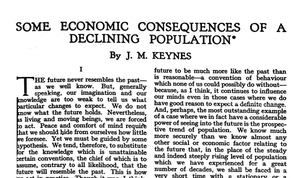 John Maynard Smith. 1937. Some economic consequences of a declining population, published in Eugenics Review 29(1): 13-17.