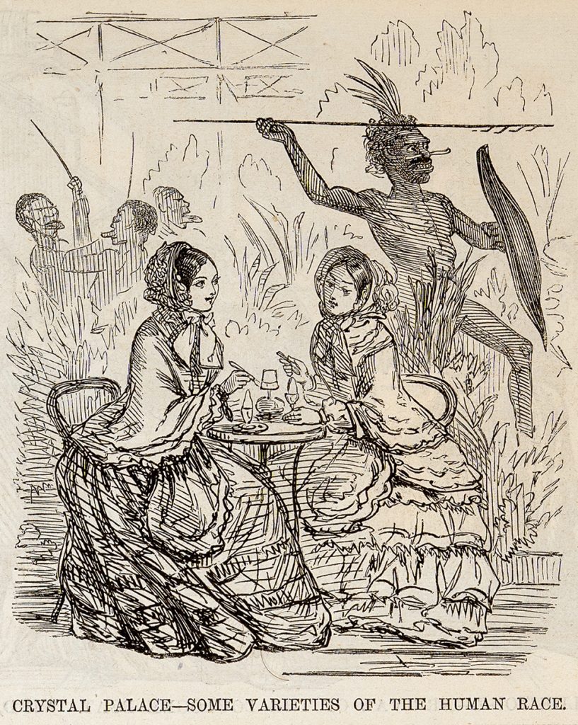 Cartoon appearing in Punch, volume 28 (1855). “Crystal Palace – Some Varieties of the Human Race”.