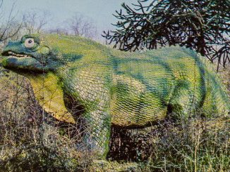 150,000,000 B.C. - The Prehistoric Monsters of Crystal Palace - rare 1968 pamphlet features this photograph of the standing Iguanodon in camouflage painting.