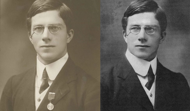 Two photographs from sitting at Dover Street Studios show Ronald A. Fisher posing with and without "International Eugenics Congress | London 1912" medal. Photographs are 1913.