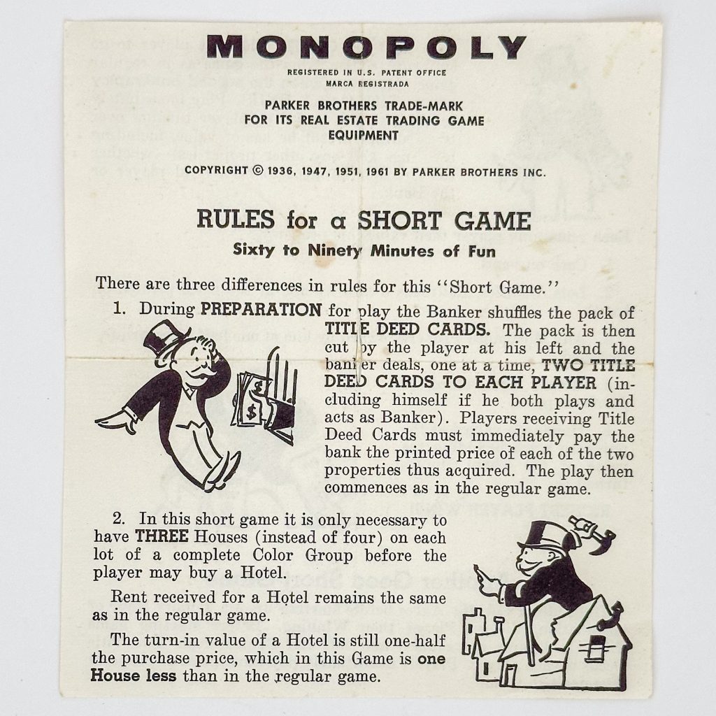 Monopoly 1961 "Rules for a Short Game" side 1