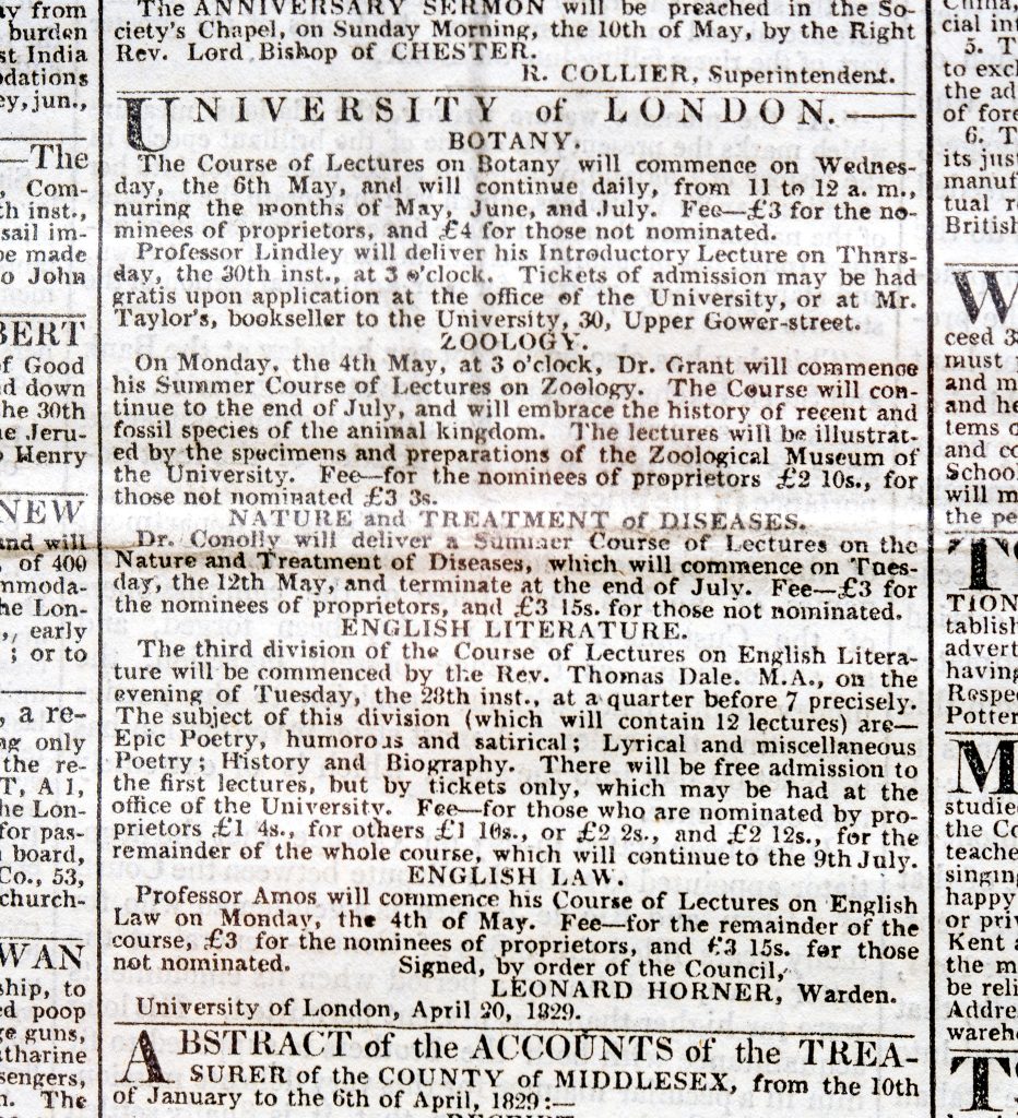 The Times (London) 1829 April 22 announcing activities at University of London in the Spring and Summer of 1829.