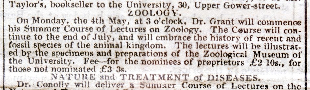 The Times (London) 1829 April 22 highlighting Robert Edmond Grant's Summer course of lectures