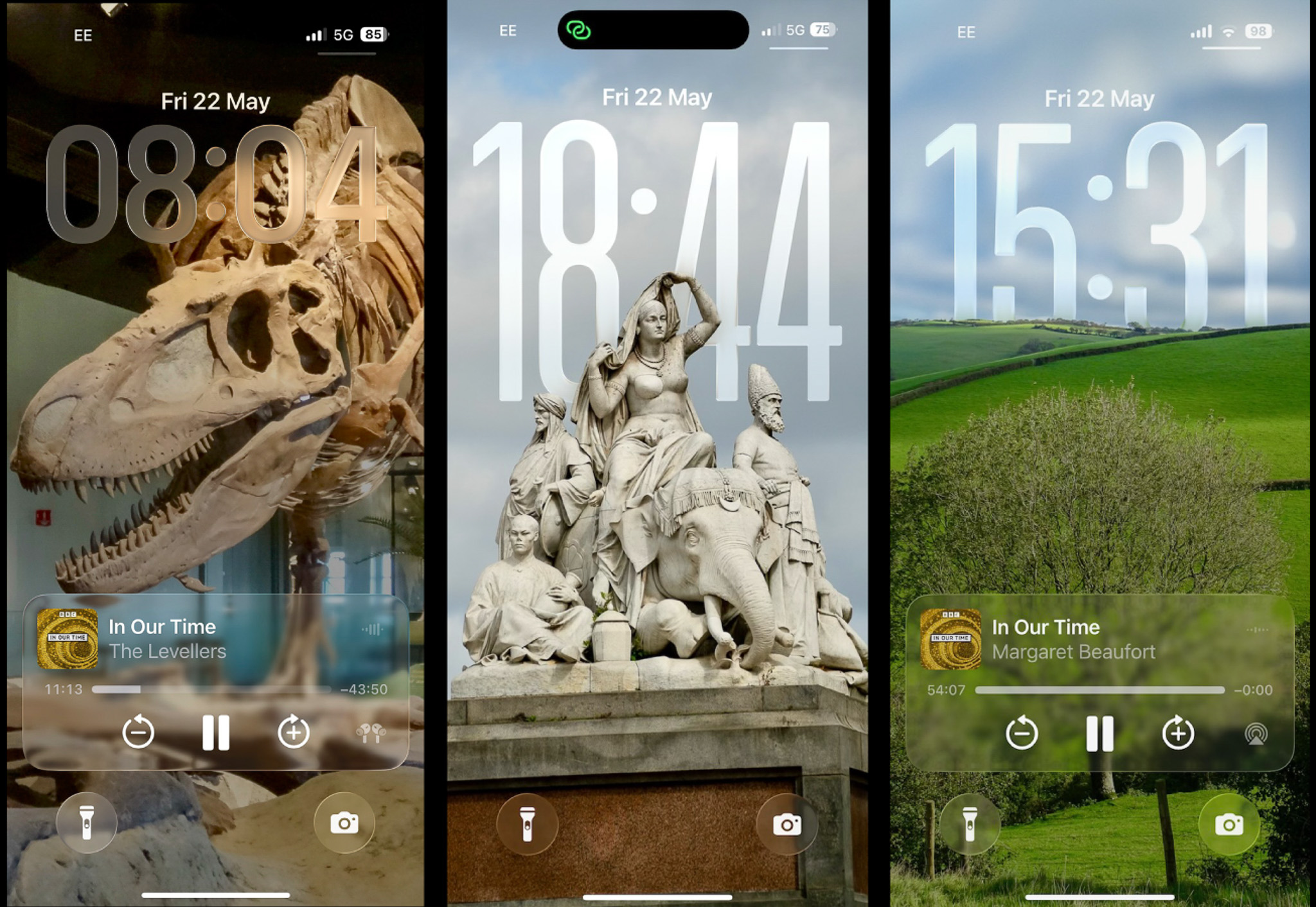 Figure 1: Lock screen 19.5:9 sample showing image in context of whole screen composition, including digital furniture. Note dynamic clock changes in size and position.