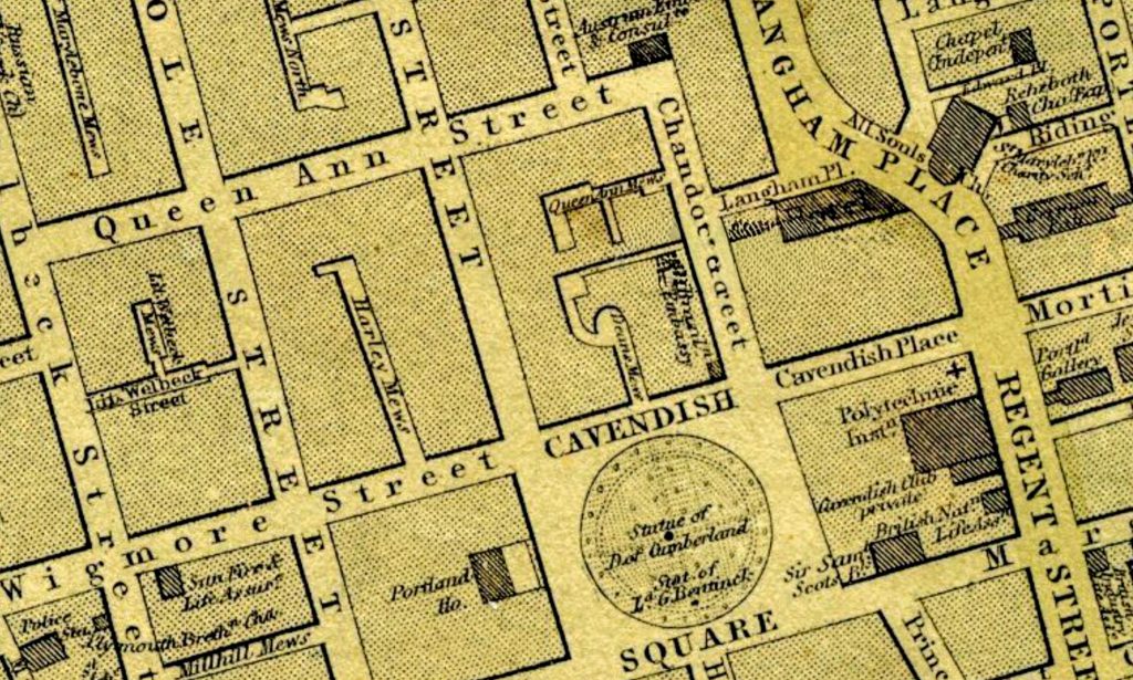 Queen Ann Street, London, in "Map Of London 1868" by Edward Weller 1866 Revised And Corrected To The Present Time By John Dower. Courtesy Mapco.net.