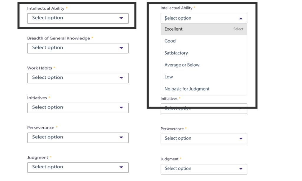 A portion from an online reference form. Notice the limited range of qualities identified. Also notice the limited range available for reply.